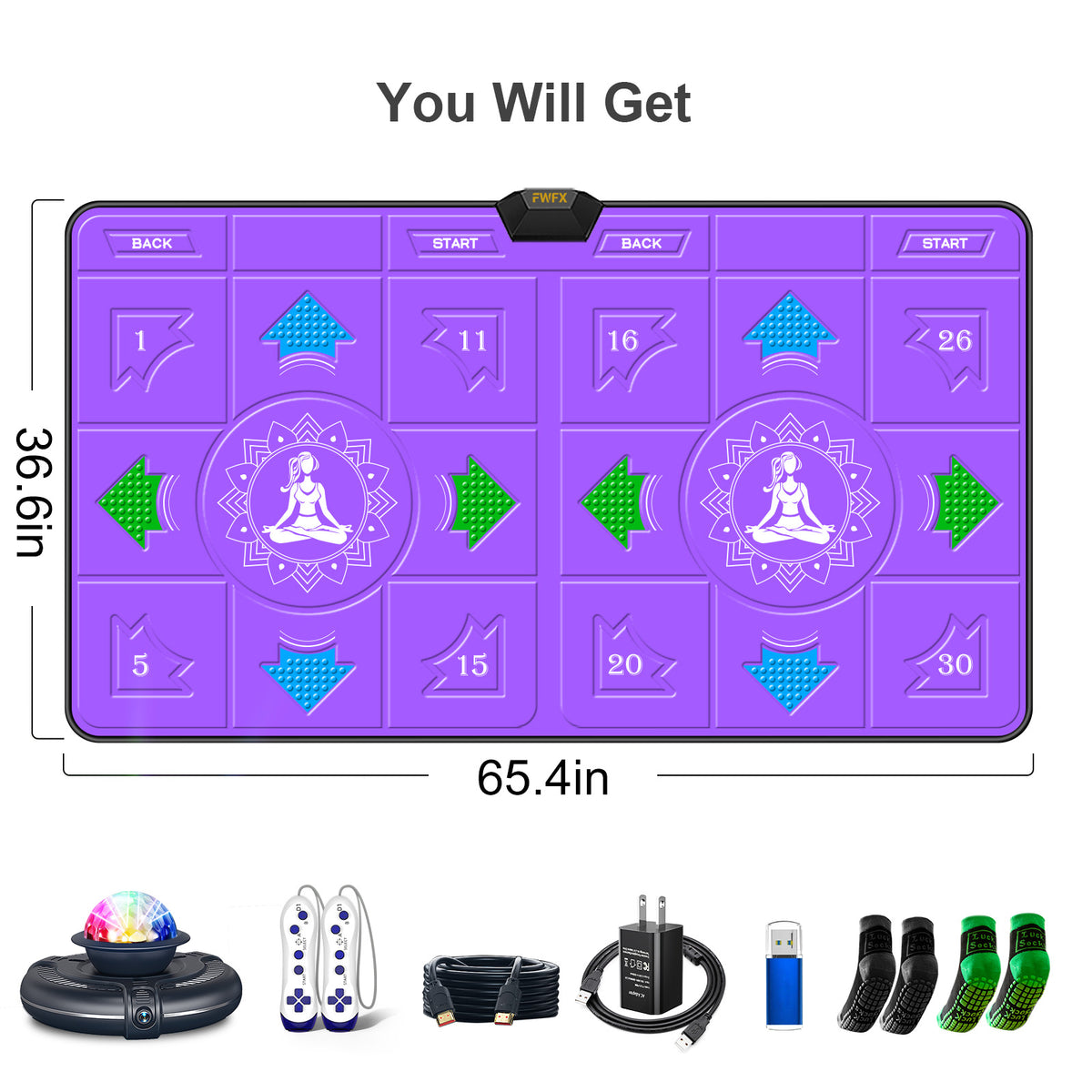 FWFX Wireless Dance Mat for Kids and Adults, Exercise Dance Pad Game for TV | Plug & Play, 2-Player, Multi-functional, Fun Family Fitness, Active Play Game, Expandable Music, No Wi-Fi, Thick PU Workout Mat
