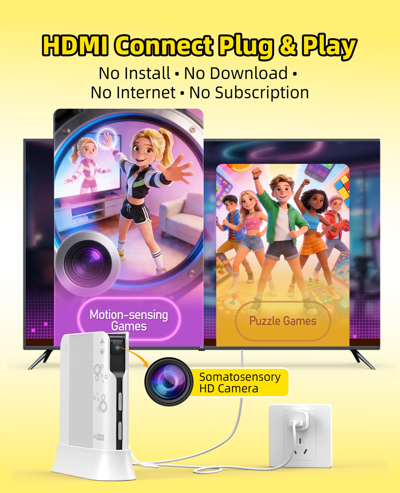 FWFX AR Motion Game Console for Kids - Plug & Play Active TV Video Games | AI Tracking, Motion Sensing+ Gamepad, Preloaded Games,Free Updates, Screen-Free, Family Game Night, Playdates, Gift Ages 4-12