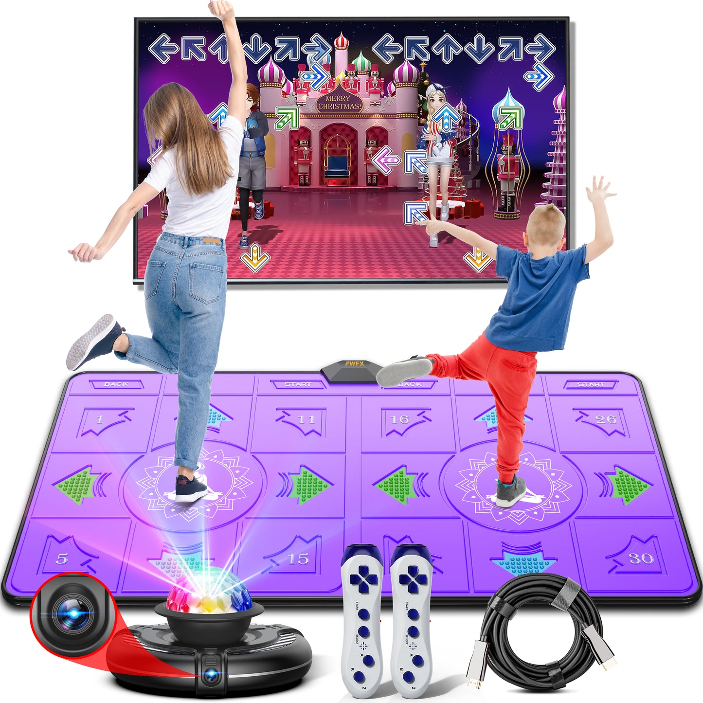 FWFX Dance Mat Games for TV - Wireless Musical Electronic Dance Mats with HD Camera, Double User Exercise Fitness Non-Slip Dance Step Pad Dancing Mat for Kids & Adults, Gift for Boys & Girls