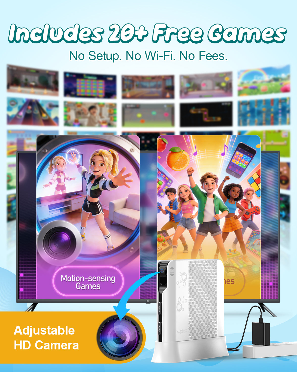 FWFX Kids AR Motion Gaming Console – Plug and Play Active Play System | AI Motion Tracking+ Gamepad, Preloaded Games. No Wi-Fi, Ideal for Indoor Active Play, Playdates, Birthday Gifts for Ages 4-12