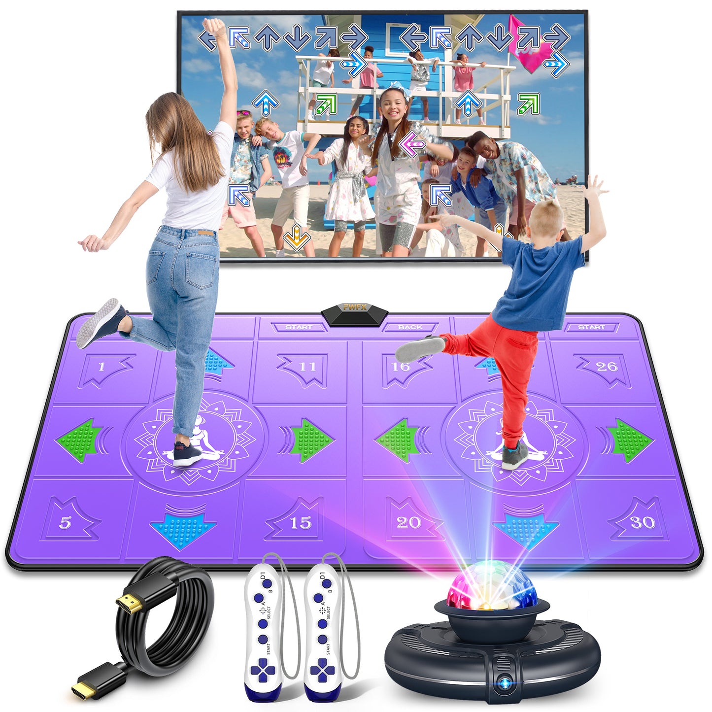 FWFX Wireless Dance Mat for Kids and Adults, Exercise Dance Pad Game for TV | Plug & Play, 2-Player, Multi-functional, Fun Family Fitness, Active Play Game, Expandable Music, No Wi-Fi, Thick PU Workout Mat