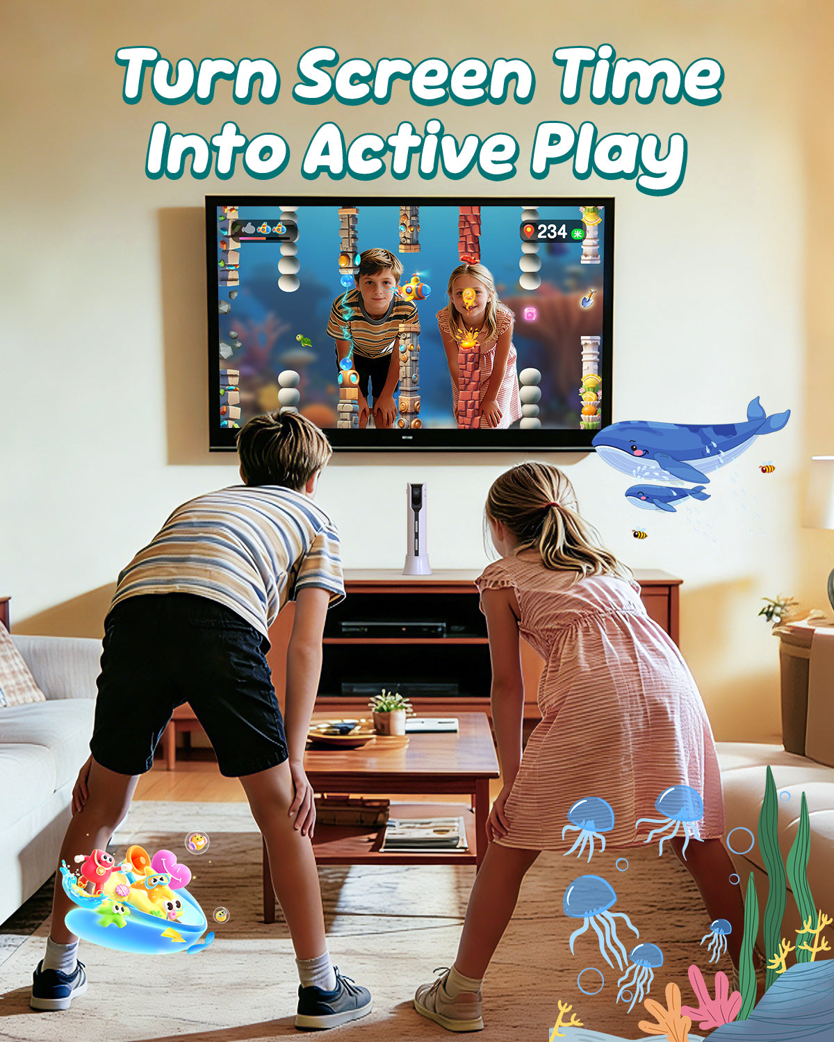 FWFX Kids AR Motion Gaming Console – Plug and Play Active Play System | AI Motion Tracking+ Gamepad, Preloaded Games. No Wi-Fi, Ideal for Indoor Active Play, Playdates, Birthday Gifts for Ages 4-12