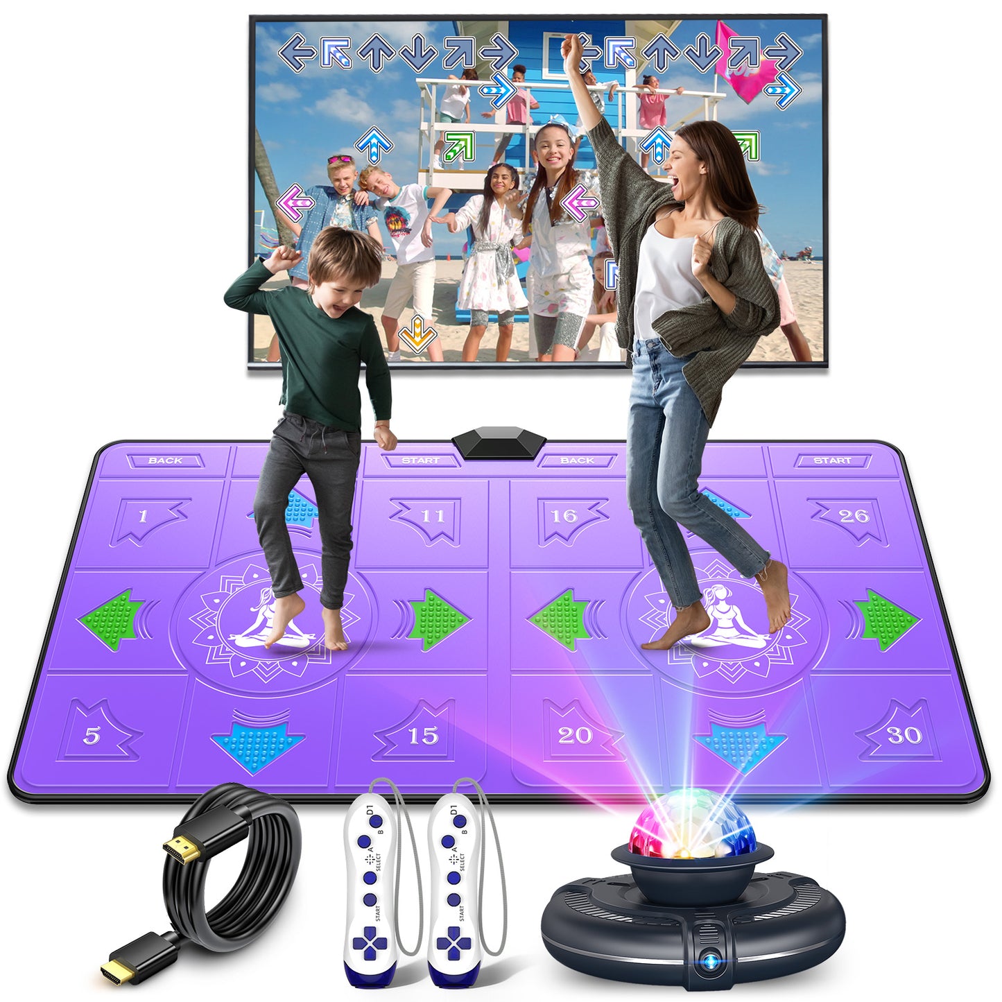 FWFX Wireless Dance Mat for Kids and Adults, Exercise Dance Pad Game for TV | Plug & Play, 2-Player, Multi-functional, Fun Family Fitness, Active Play Game, Expandable Music, No Wi-Fi, Thick PU Workout Mat