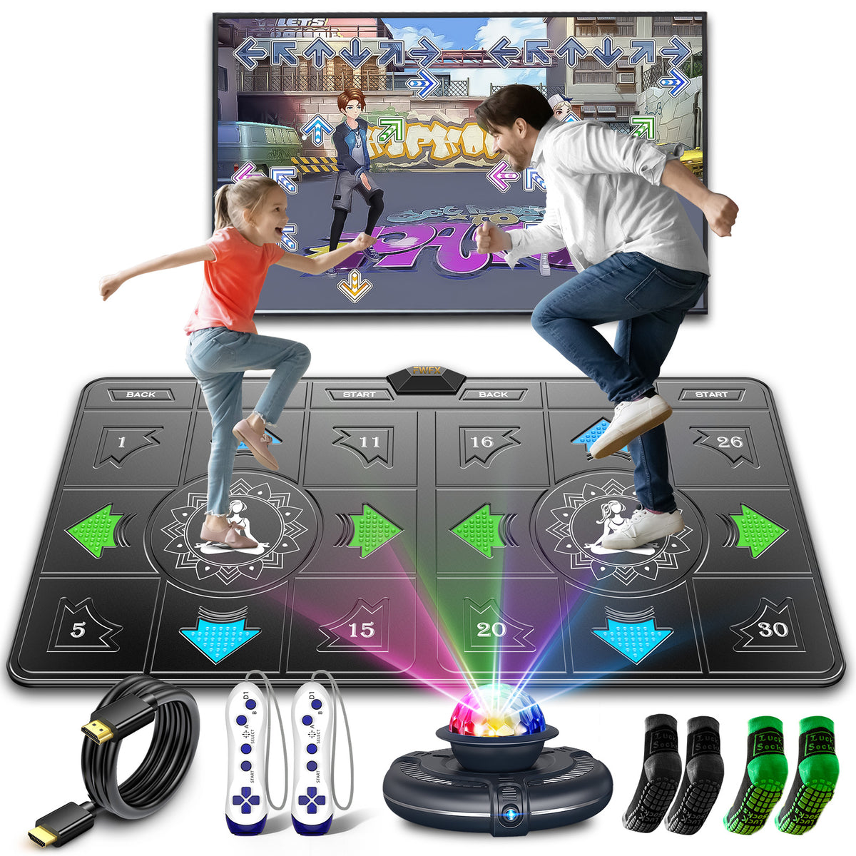 FWFX Dance Mat  for Kids & Adults, Interactive TV Fitness System for Family | Plug & Play Offline, 2-Player Dance & Sports Games, Preloaded, Expandable Music, Wireless Dance Pad for Home Workout & Gift
