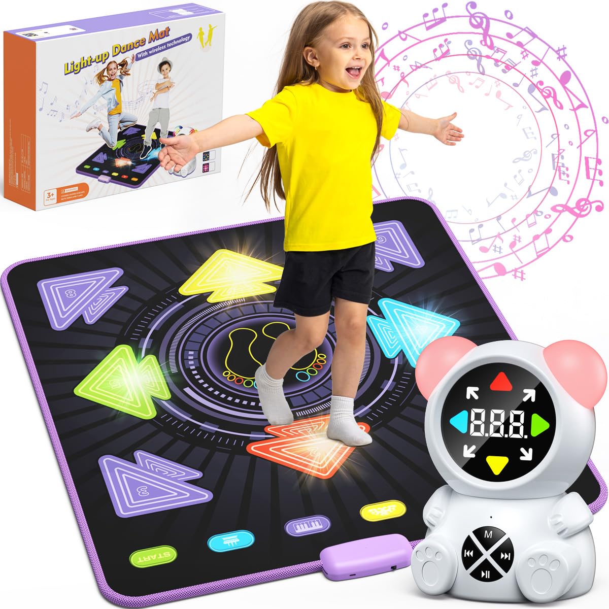 Haphom Dance Mat for Kids, Rechargeable Dance Mats for Girls and Boys, Light-up Dancing pad Game with Wireless Bluetooth, Christmas Birthday Gifts Ideas for 3-12 Year Old Kids