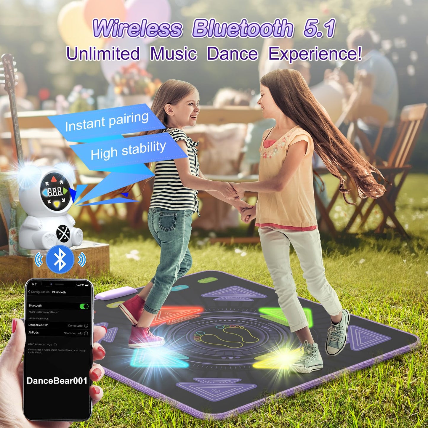 Haphom Dance Mat for Kids, Rechargeable Dance Mats for Girls and Boys, Light-up Dancing pad Game with Wireless Bluetooth, Christmas Birthday Gifts Ideas for 3-12 Year Old Kids