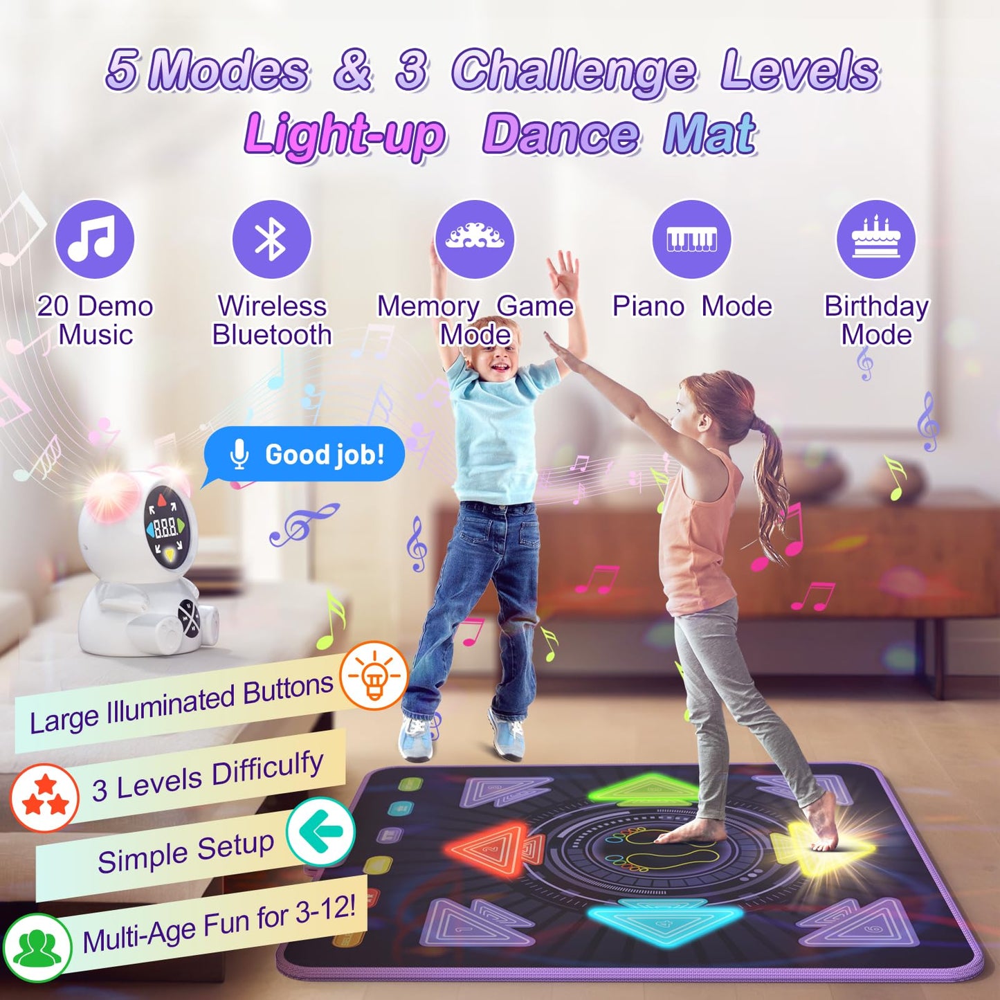 Haphom Dance Mat for Kids, Rechargeable Dance Mats for Girls and Boys, Light-up Dancing pad Game with Wireless Bluetooth, Christmas Birthday Gifts Ideas for 3-12 Year Old Kids